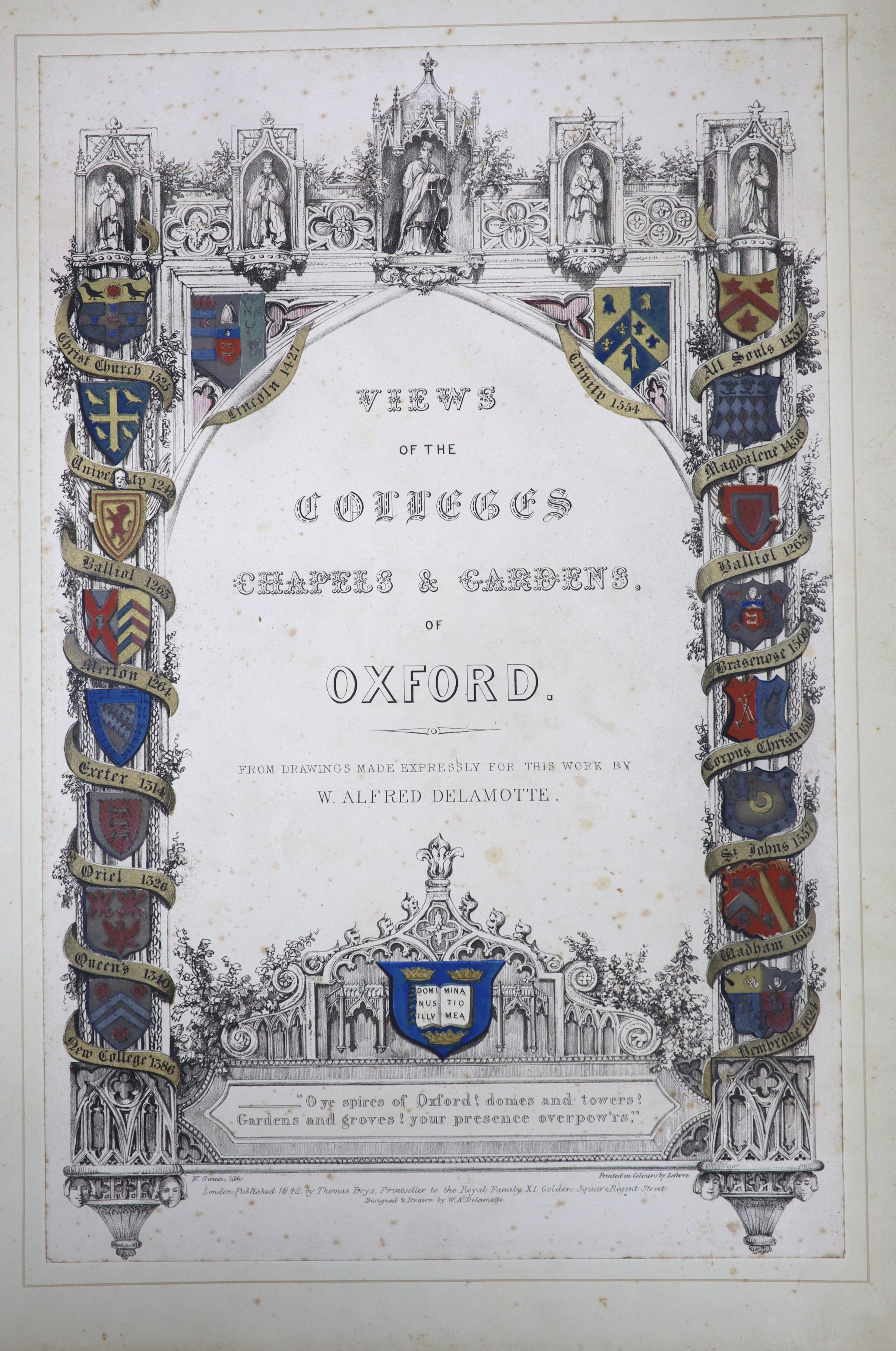 Delamotte, William Alfred - Original Views of Oxford, its Colleges, Chapels....folio, with coloured title and 25 litho plates, disbound, London, 1843